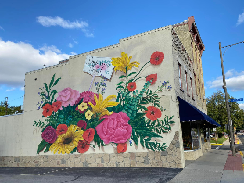 Untitled design (11) Bouquet mural painted on Draeger's Floral exterior wall in Watertown WI
