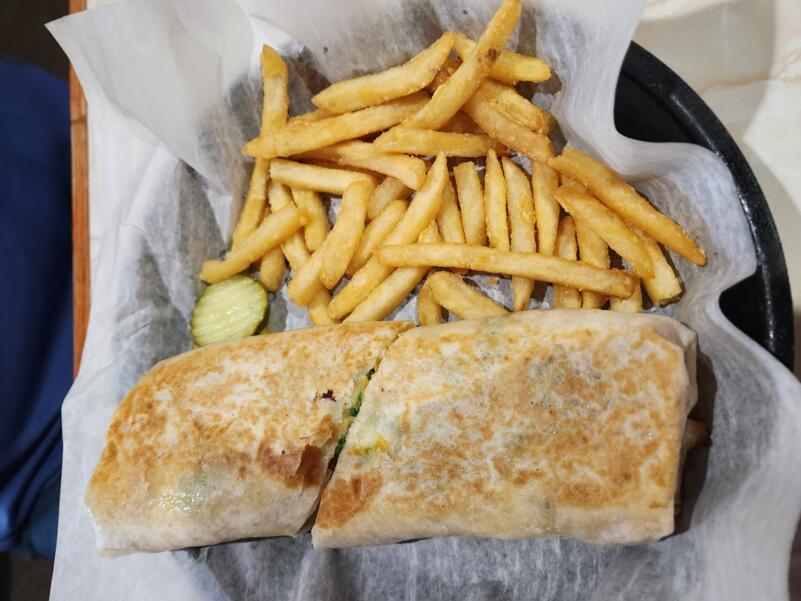 Chicken wrap and french fries from Rose Garden Family Restaurant in Watertown wi