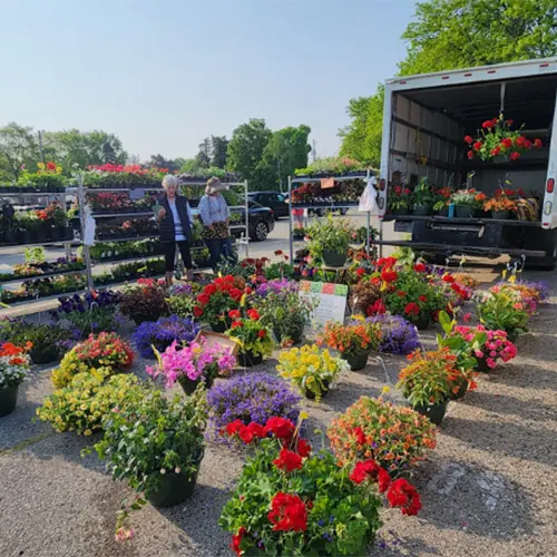 Booth of flowers baskets at the Watertown Farmers Market in Wi.