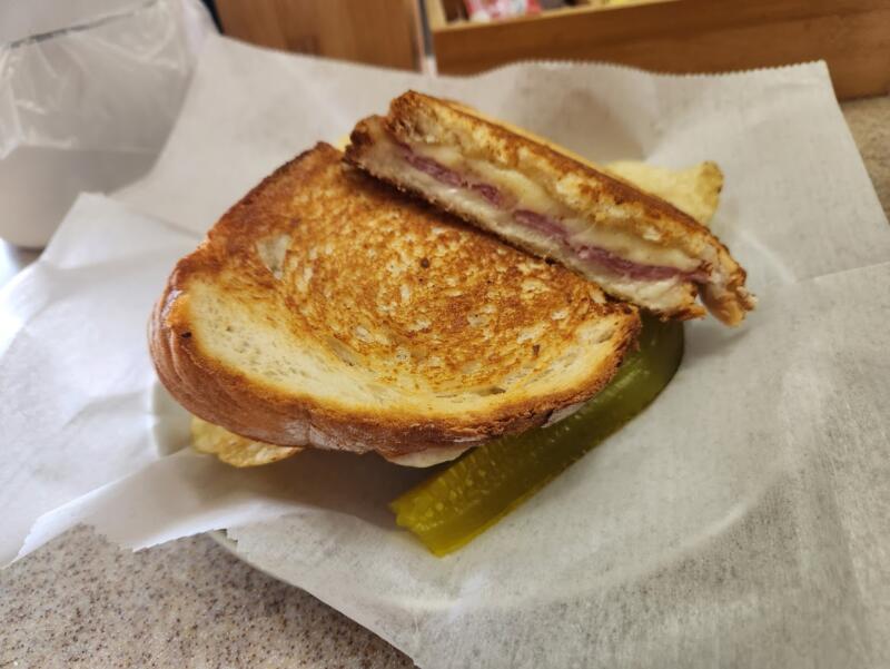 Ham and swiss with pickle and chips from Literatus & Co in Watertown Wi