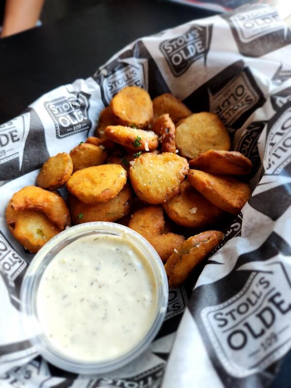 Basket of deep fried pickle slices at Stoll's Olde 109 in Lebanon Wi