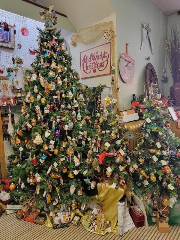 Ornaments displayed on trees at Far Horizons Imports in watertown wi