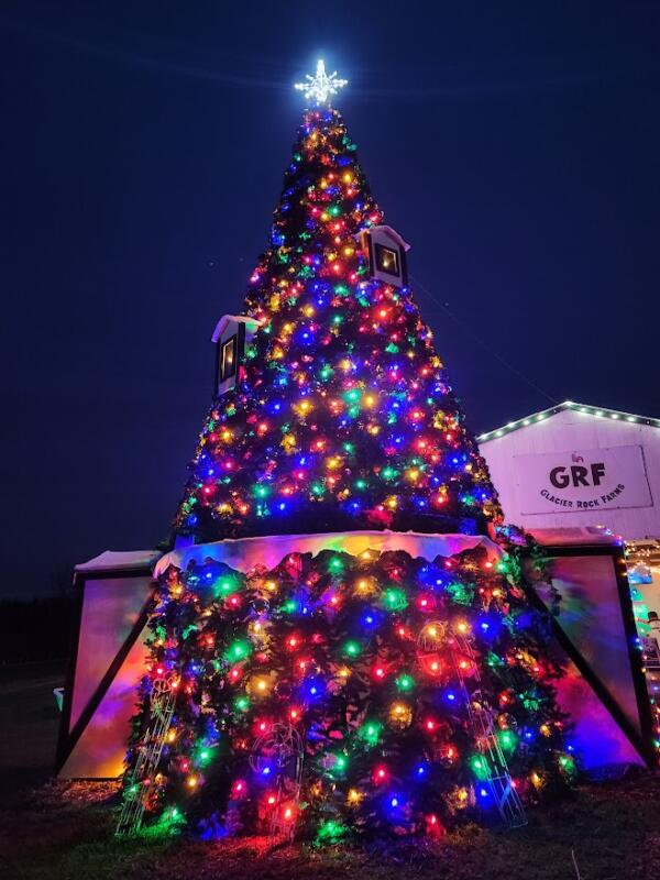 Tall lit outdoor Christmas tree at Glacier Rock Farms