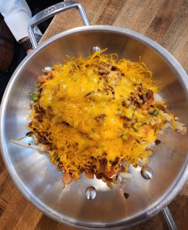 Skillet with melted cheese from The Golden Spoon Cafe in Watertown Wi