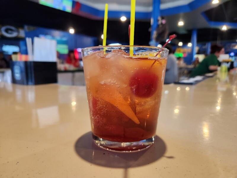 Old fashioned drink on the bar at Wolfgram Sports Bar & Grill in Watertown Wi