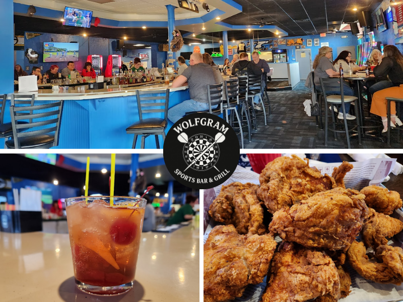 Collage of images from Wolfgram Sports Bar & Grill in Watertown Wi. Includes a drink, a tray of fried chicken and the interior of the space.
