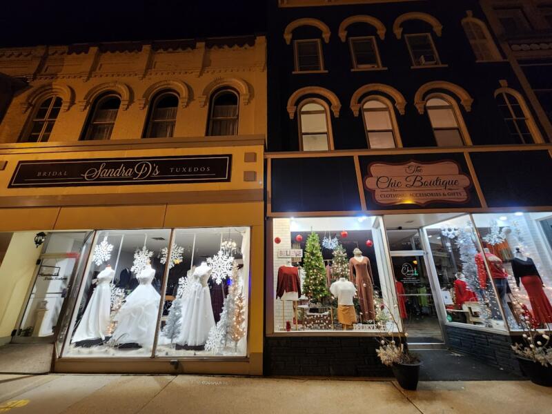 Christmas storefronts of Sandra D's Bridal and the Chic Boutique in Watertown, wi