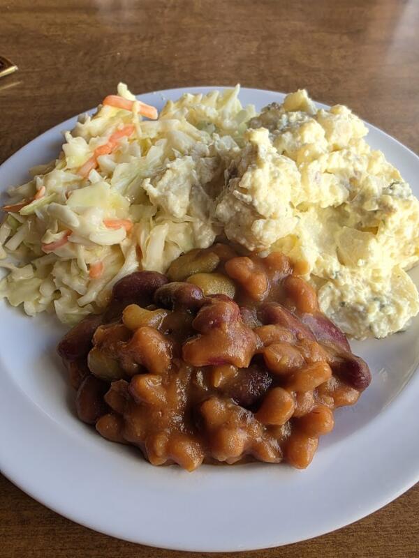coleslaw, potato salad, and baked beans from Donny's in Watertown Wi