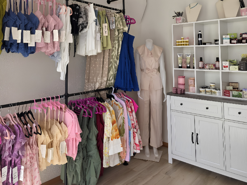 Women's clothing on racks and a mannequin